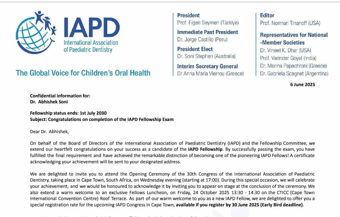 Celebrating Excellence: Dr. Abhishek Soni Becomes Pune’s First IAPD Fellow – A New Benchmark in Pediatric Dentistry